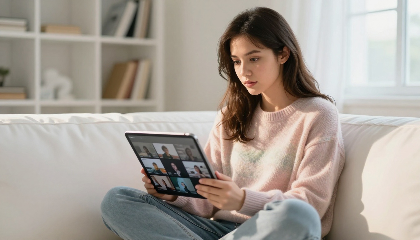 Young woman reviewing short video thumbnails on tablet in bright studio