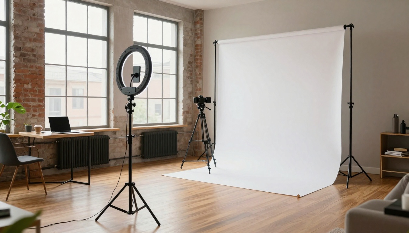 Wide shot of professional video production loft with ring light and camera on tripod