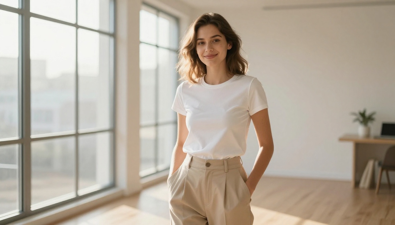 Female creator in white t-shirt standing in minimalist bright studio with large windows