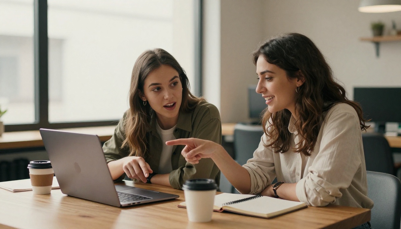 Two female creators sitting together at laptop reviewing AI video content with excitement