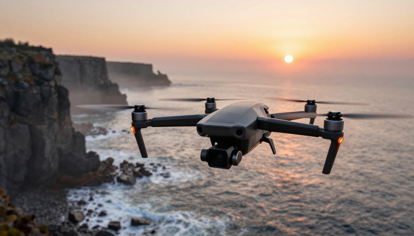 Drone hovering above dramatic coastline, camera control and aerial perspective Drone hovering above dramatic coastline, camera control and aerial perspective