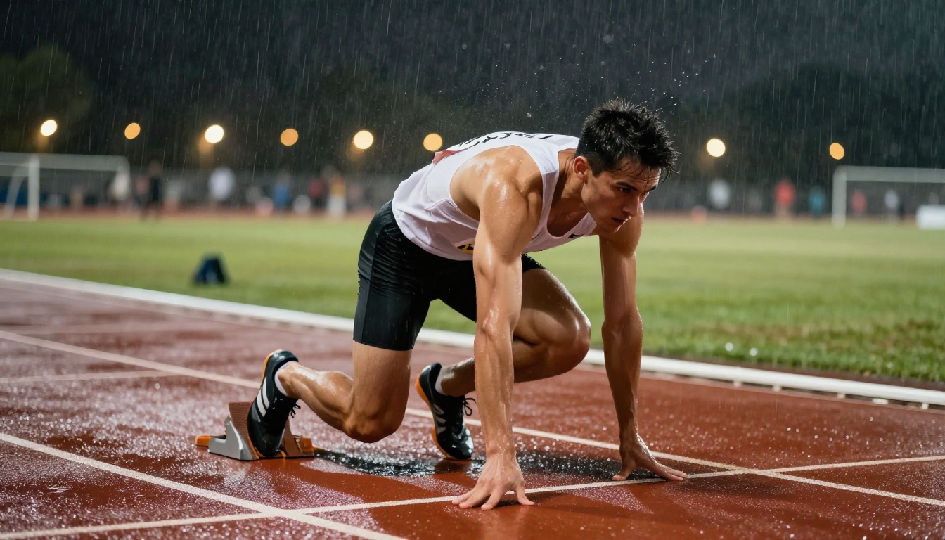 Sprinter exploding from starting blocks, dynamic high-velocity motion on wet track Sprinter exploding from starting blocks, dynamic high-velocity motion on wet track
