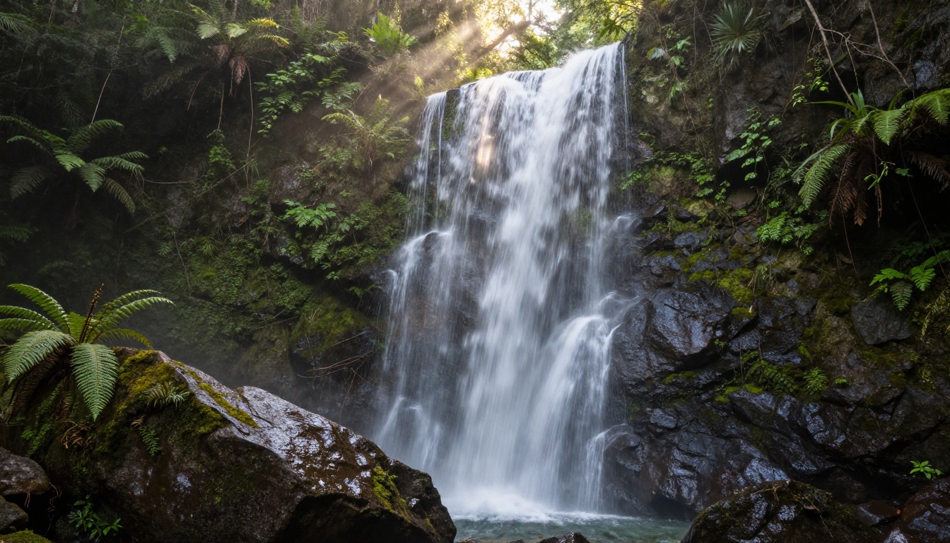 Waterfall cascading in rainforest, fluid motion and natural dynamics