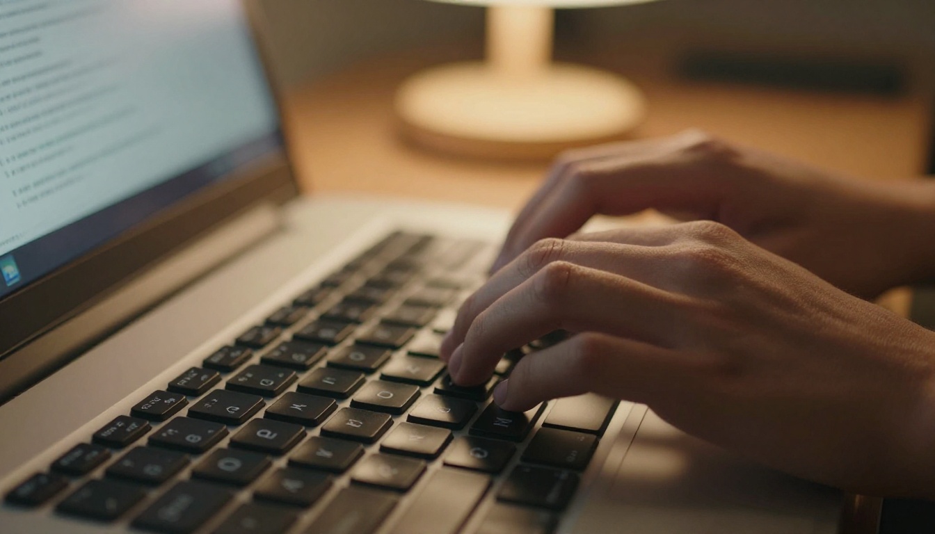 Close-up of hands typing a detailed AI prompt on a keyboard