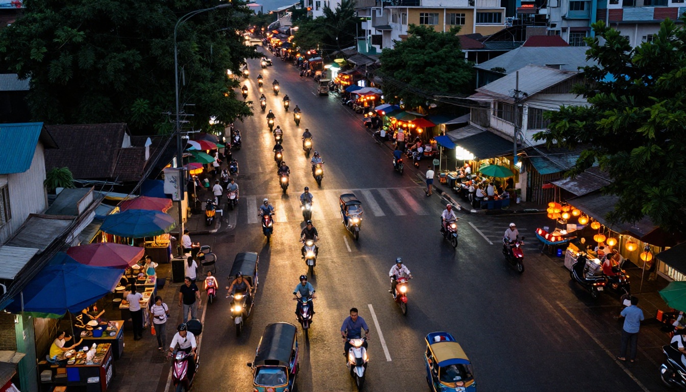 Aerial city intersection at dusk, bird's-eye camera perspective over urban motion