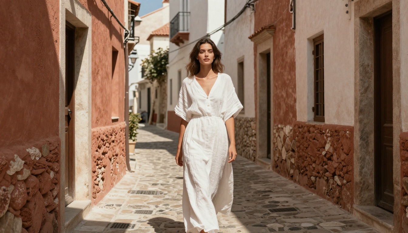 Elegant woman in white linen dress in a Mediterranean village alley demonstrating cinematic subject framing