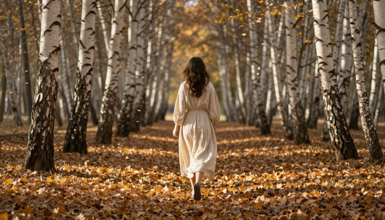 Woman walking through birch forest, subject tracking through natural environment Woman walking through birch forest, subject tracking through natural environment