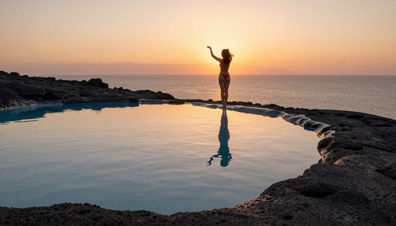 Woman at volcanic infinity pool overlooking Aegean Sea, cinematic golden-hour composition