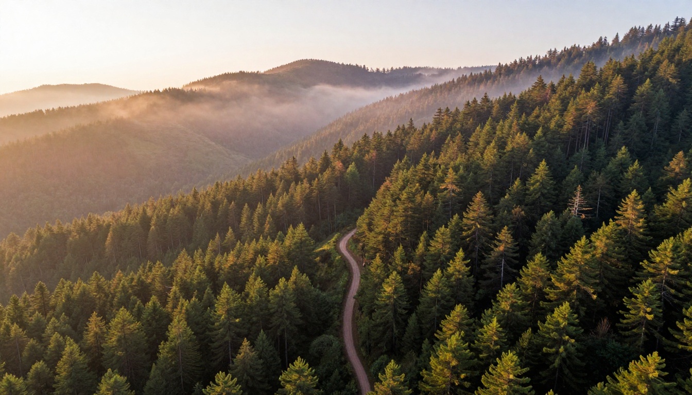 Aerial view of mountain forest trail with morning mist rising at sunrise