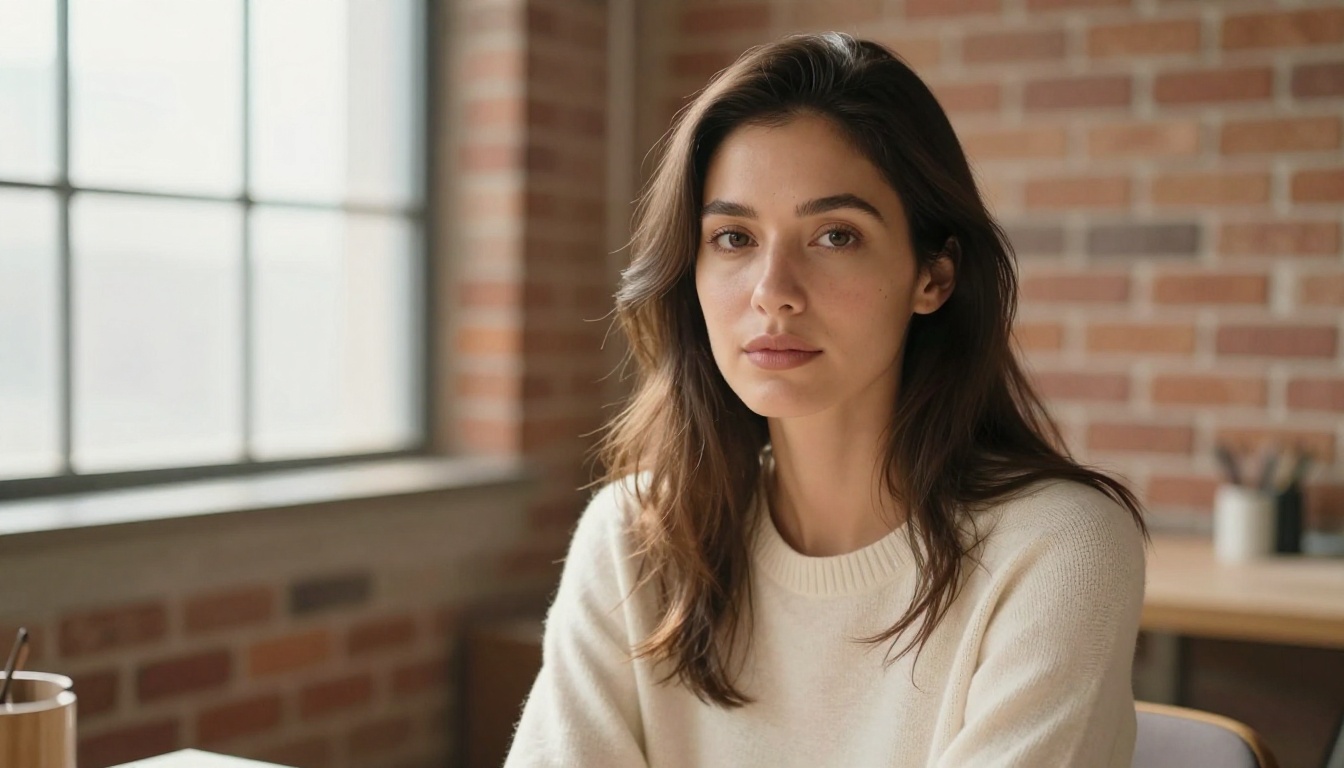 Portrait of a woman in a creative studio with natural window light from the left