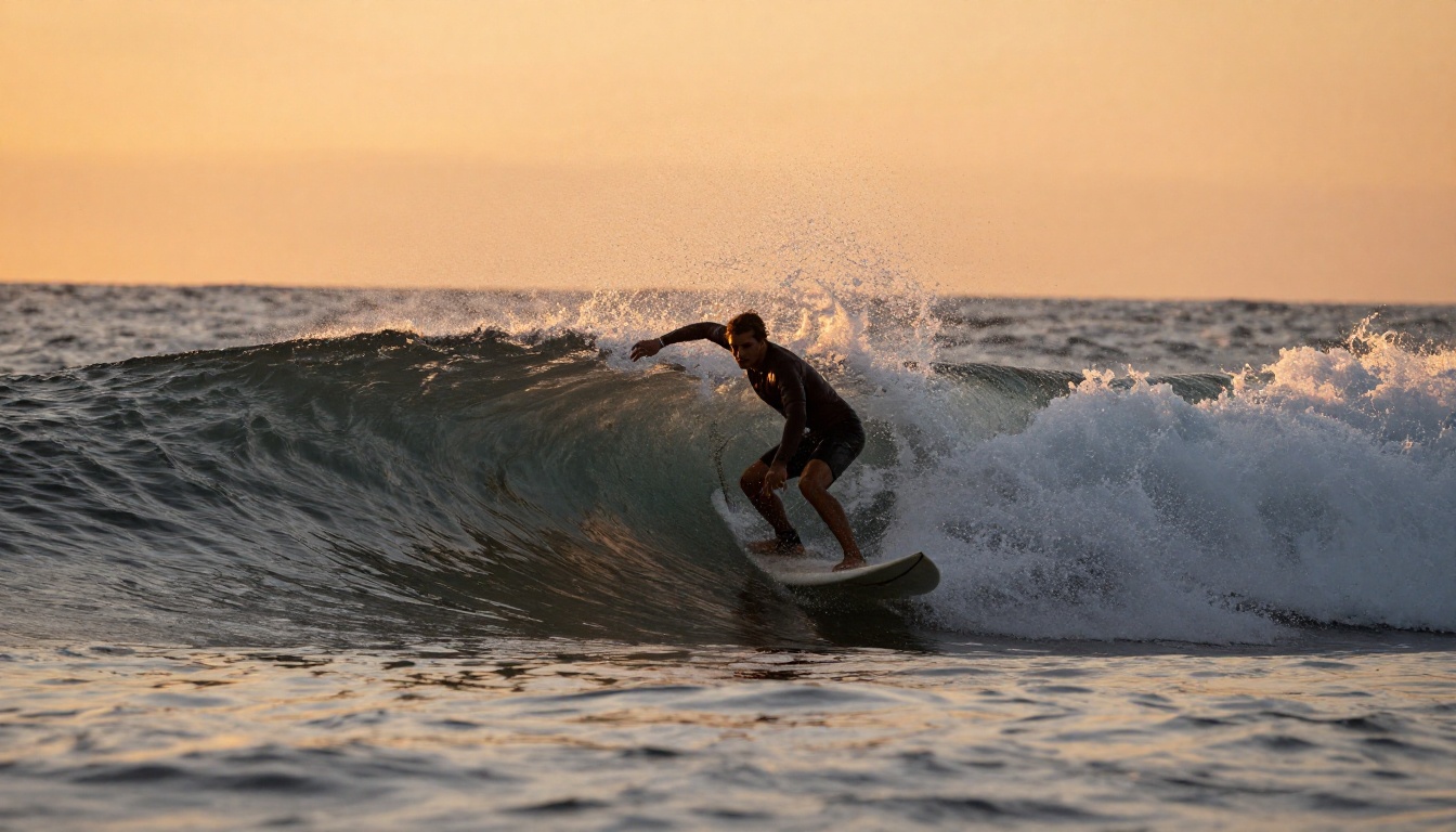 Surfer riding a large wave at golden sunset with water spray frozen mid-air
