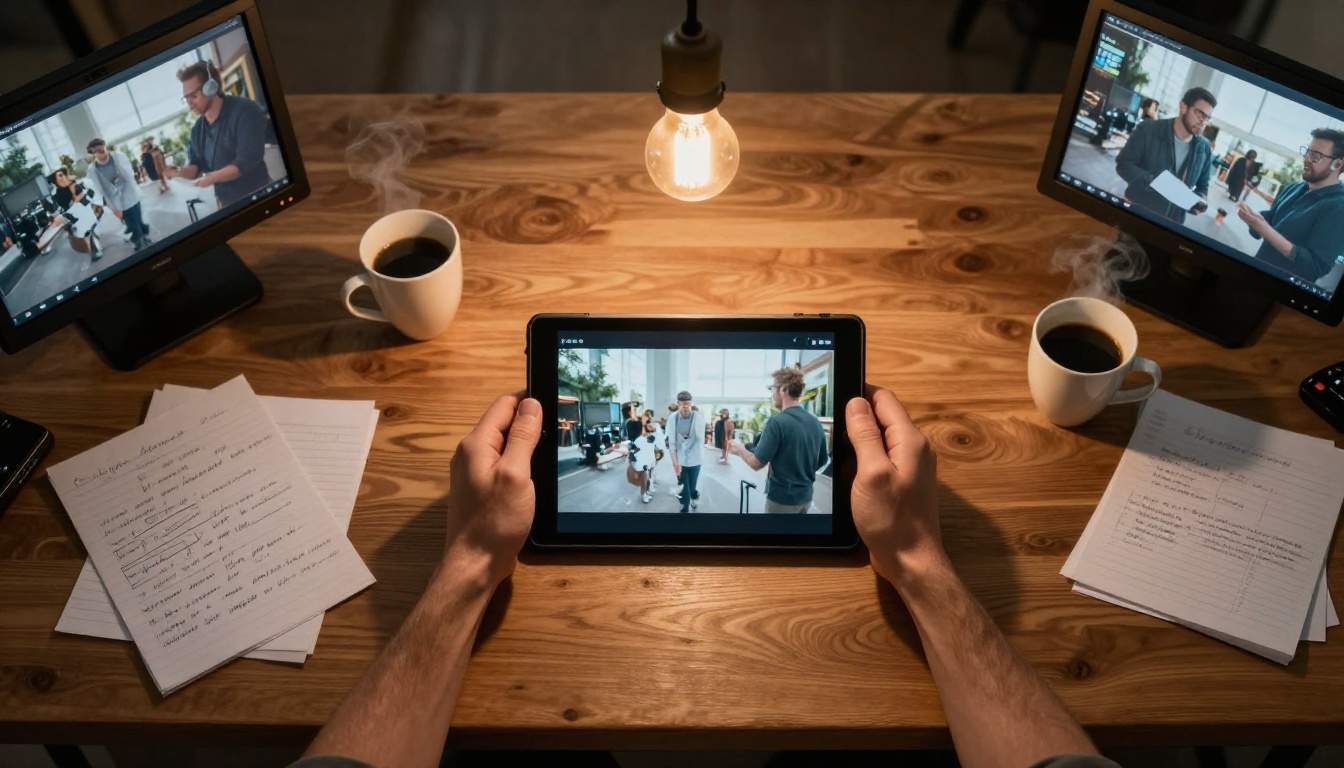 Overhead view of filmmaker reviewing footage on tablet at a wooden desk with warm light