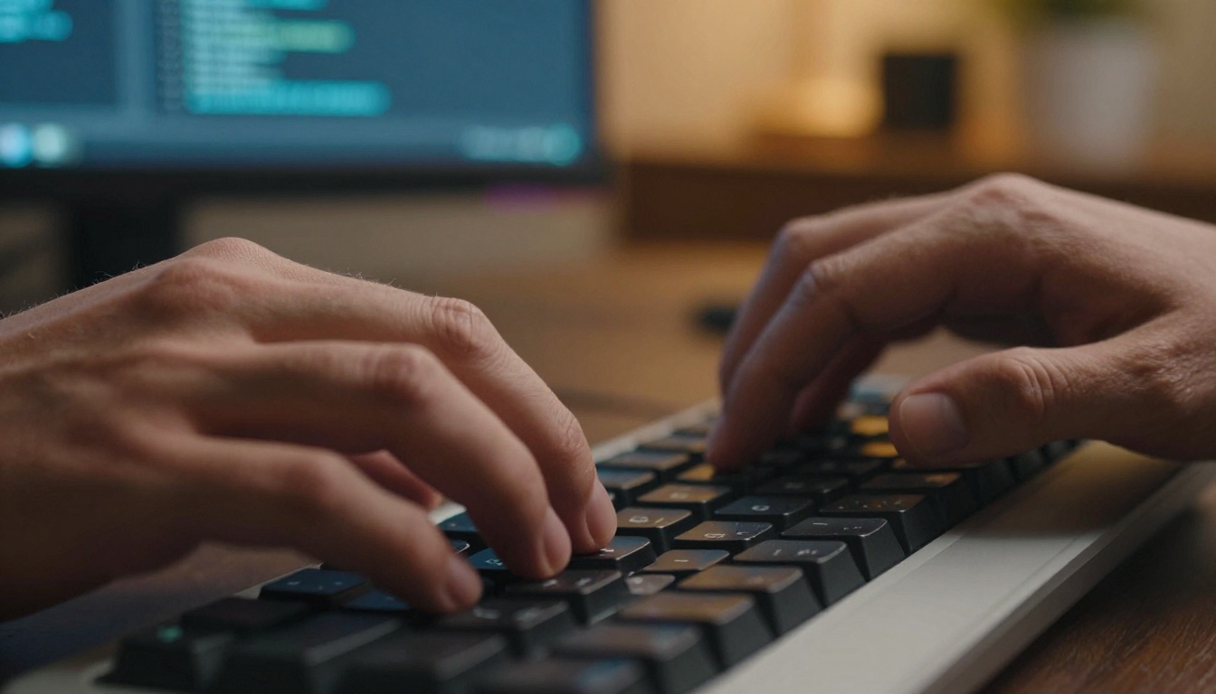 Close-up of hands typing on a mechanical keyboard with video timelines in soft background bokeh