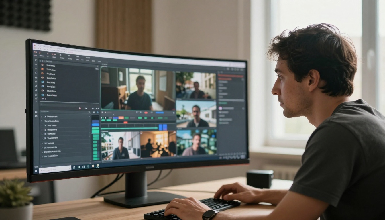 Professional filmmaker leaning forward reviewing AI video footage on a large curved monitor
