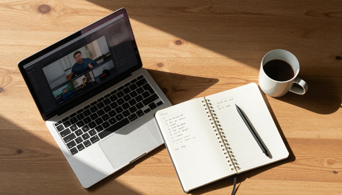 Aerial overhead view of a creative workspace with a notebook, prompt notes, coffee mug, and laptop