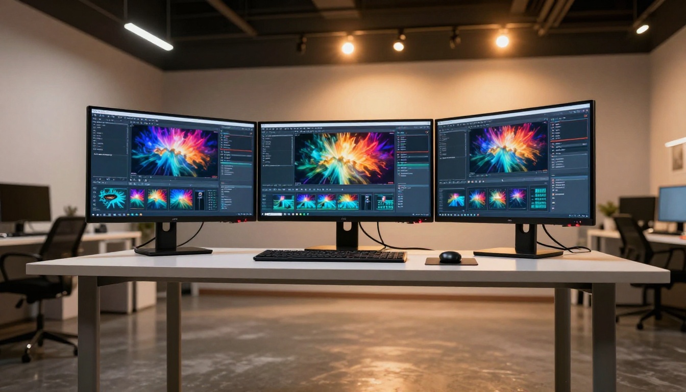 Dramatic low-angle shot looking up at professional dual monitors in a modern studio