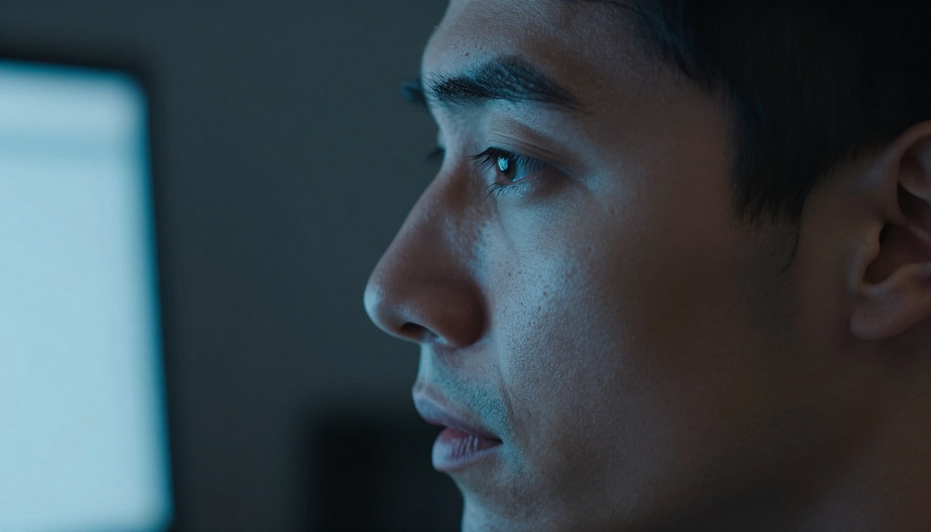 Side profile close-up of a creative director's face with dramatic blue screen light and deep shadow