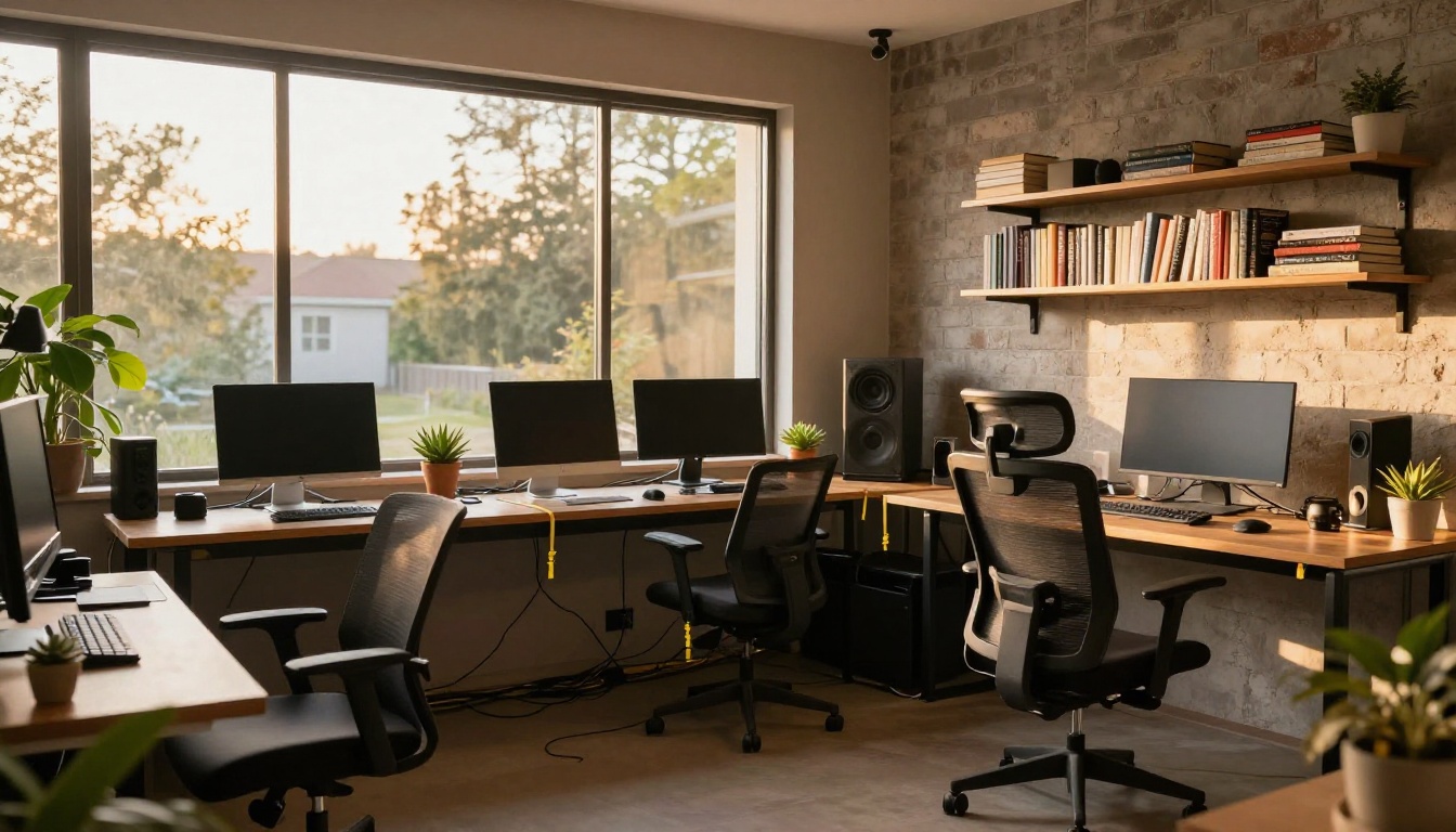 Wide shot of a modern home studio with three monitors and golden hour afternoon light