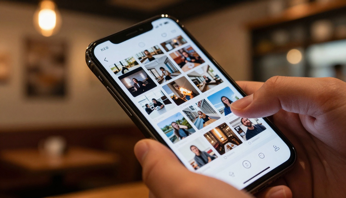 Close-up macro of a smartphone screen showing AI video comparison frames in a warm coffee shop