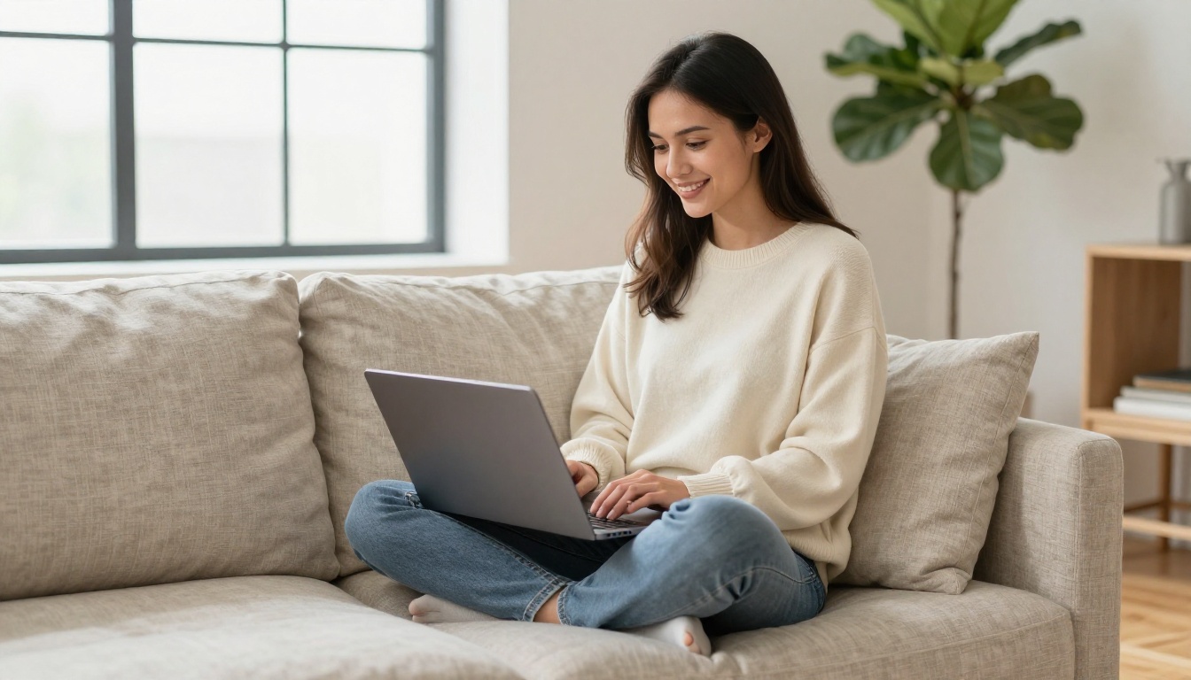 Professional woman sitting cross-legged on a couch reviewing AI video results on her laptop with a satisfied expression