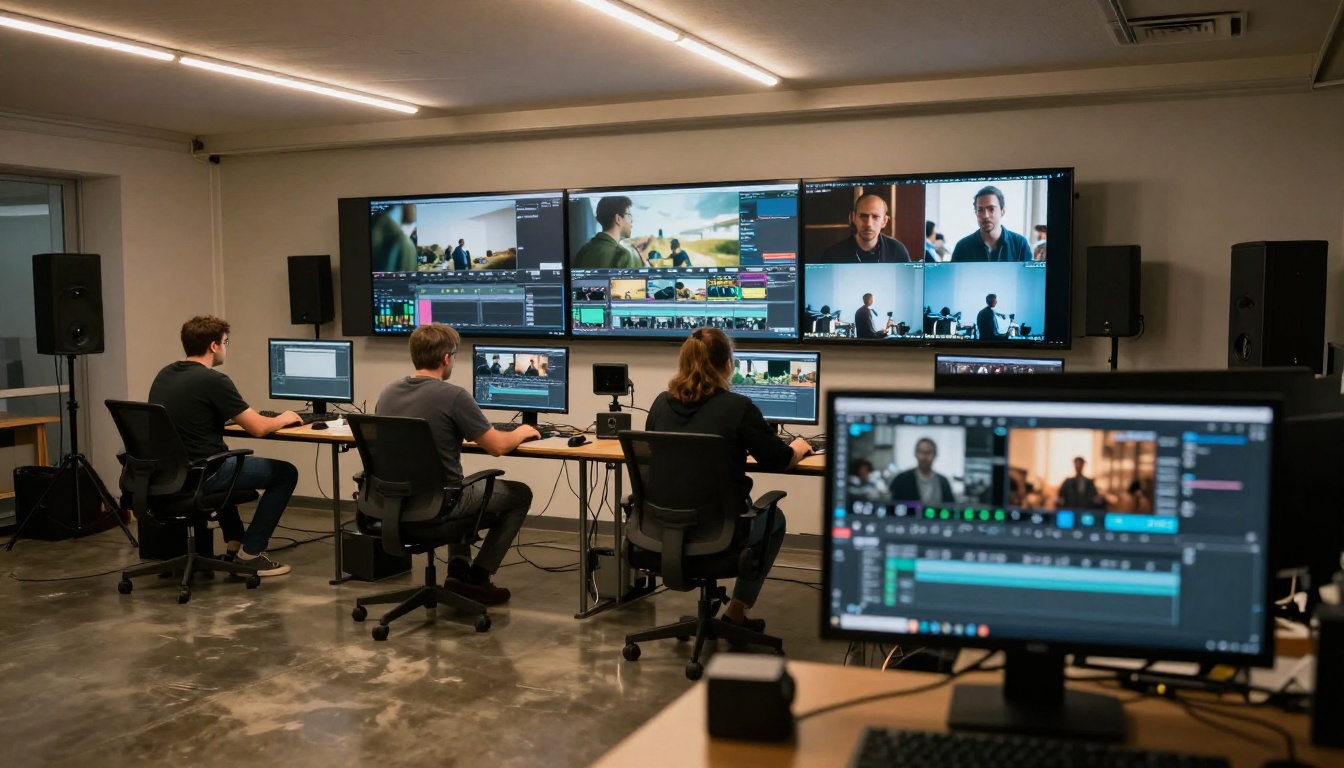 Wide professional video production studio with multiple workstations and wall reference monitors