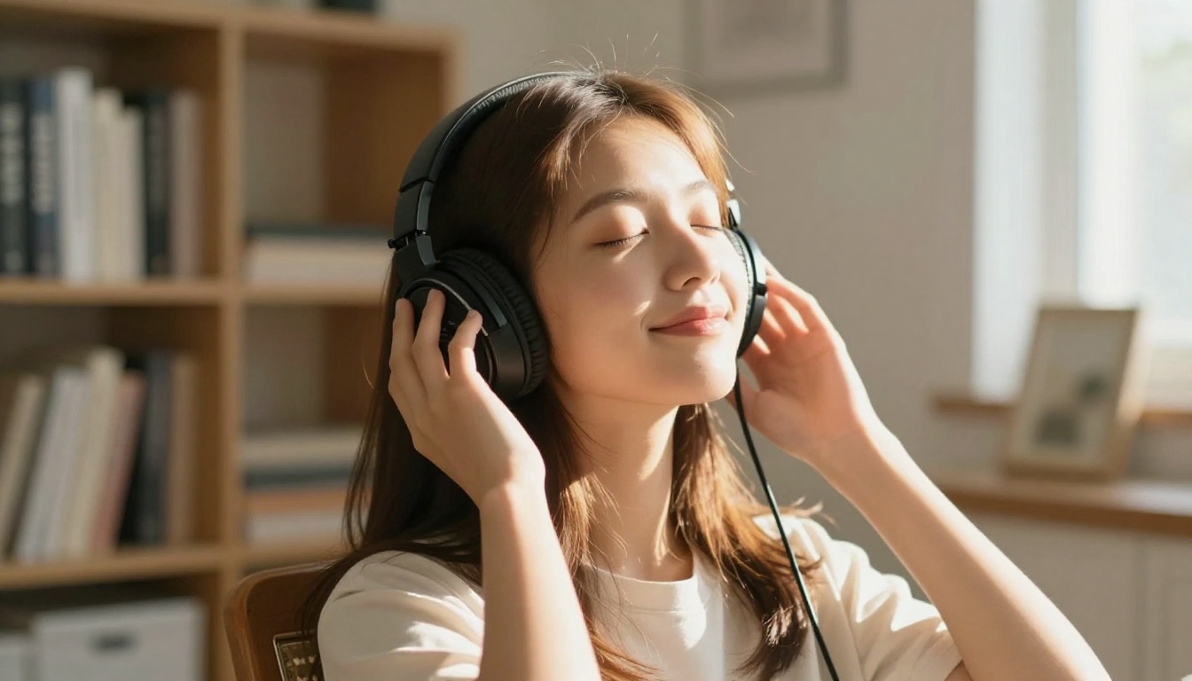 Woman wearing headphones in a bright home studio, eyes closed and smiling