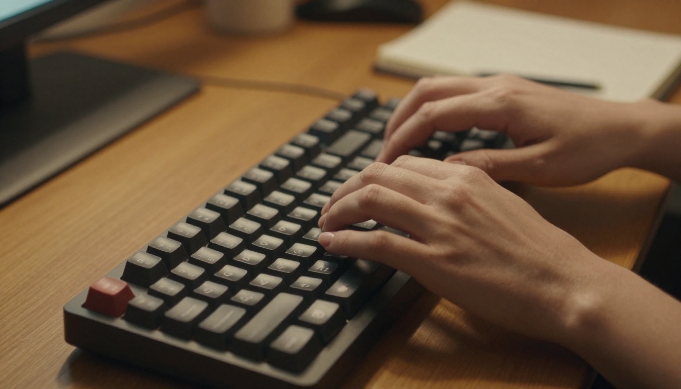 Close-up of hands typing on a mechanical keyboard on a wooden desk