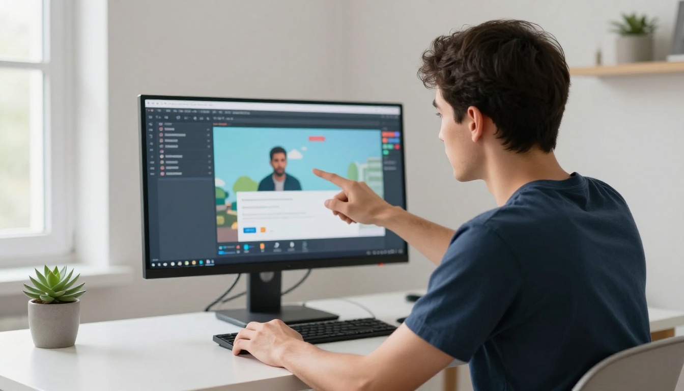 Man pointing at a large AI video generation interface on a monitor in a home office