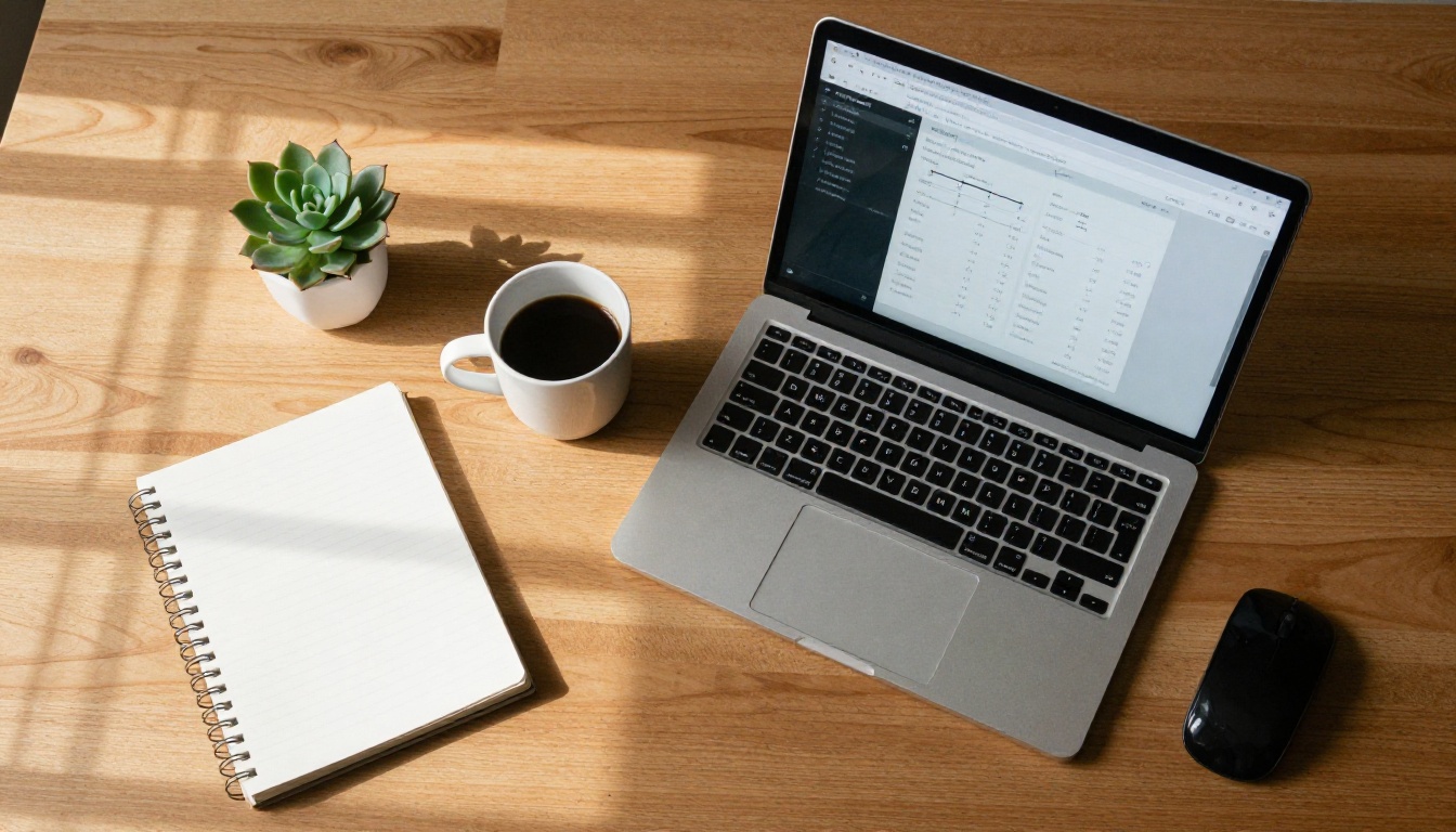 Overhead aerial shot of a laptop showing settings panels on a wooden desk