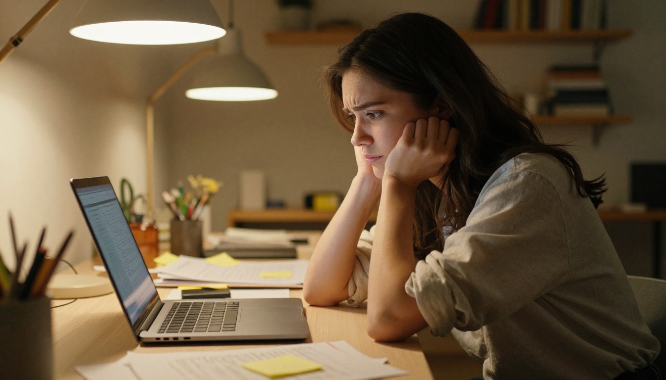 Young woman resting her chin on her palm, looking pensively at a laptop screen Young woman resting her chin on her palm, looking pensively at a laptop screen
