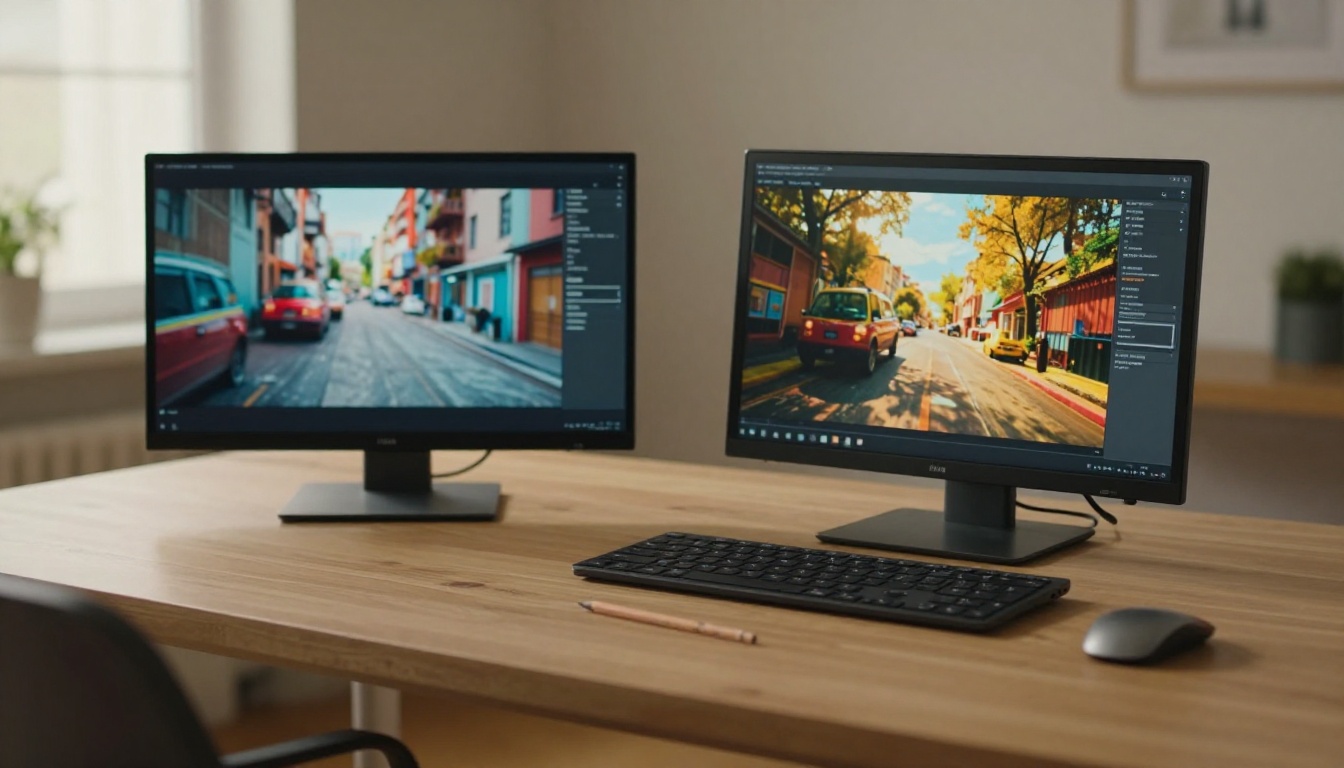 Two laptops side by side showing different video content on their screens Two laptops side by side showing different video content on their screens