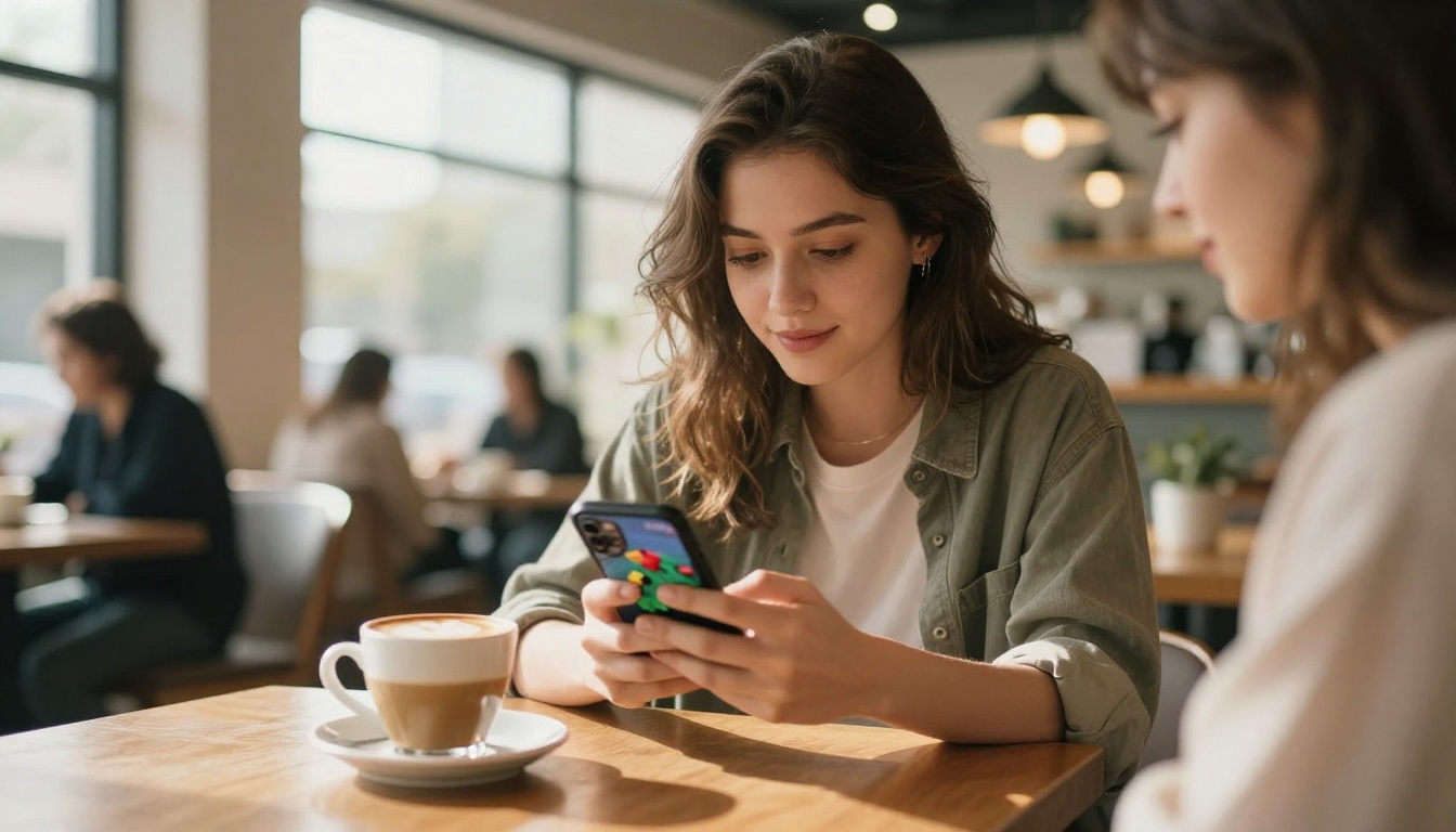 Young woman holding a smartphone displaying a video in a bright cafe Young woman holding a smartphone displaying a video in a bright cafe