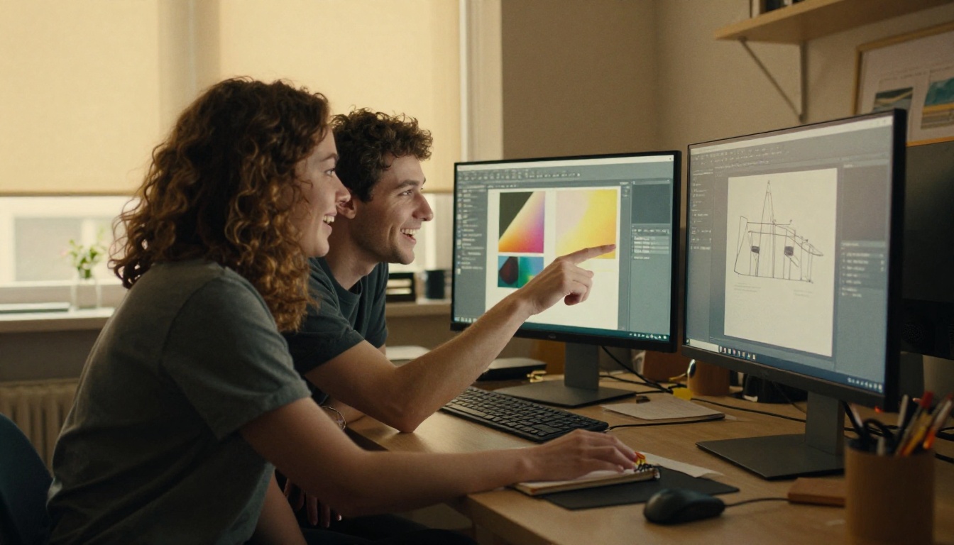 Man and woman smiling together at a wide monitor in a warmly lit creative studio Man and woman smiling together at a wide monitor in a warmly lit creative studio