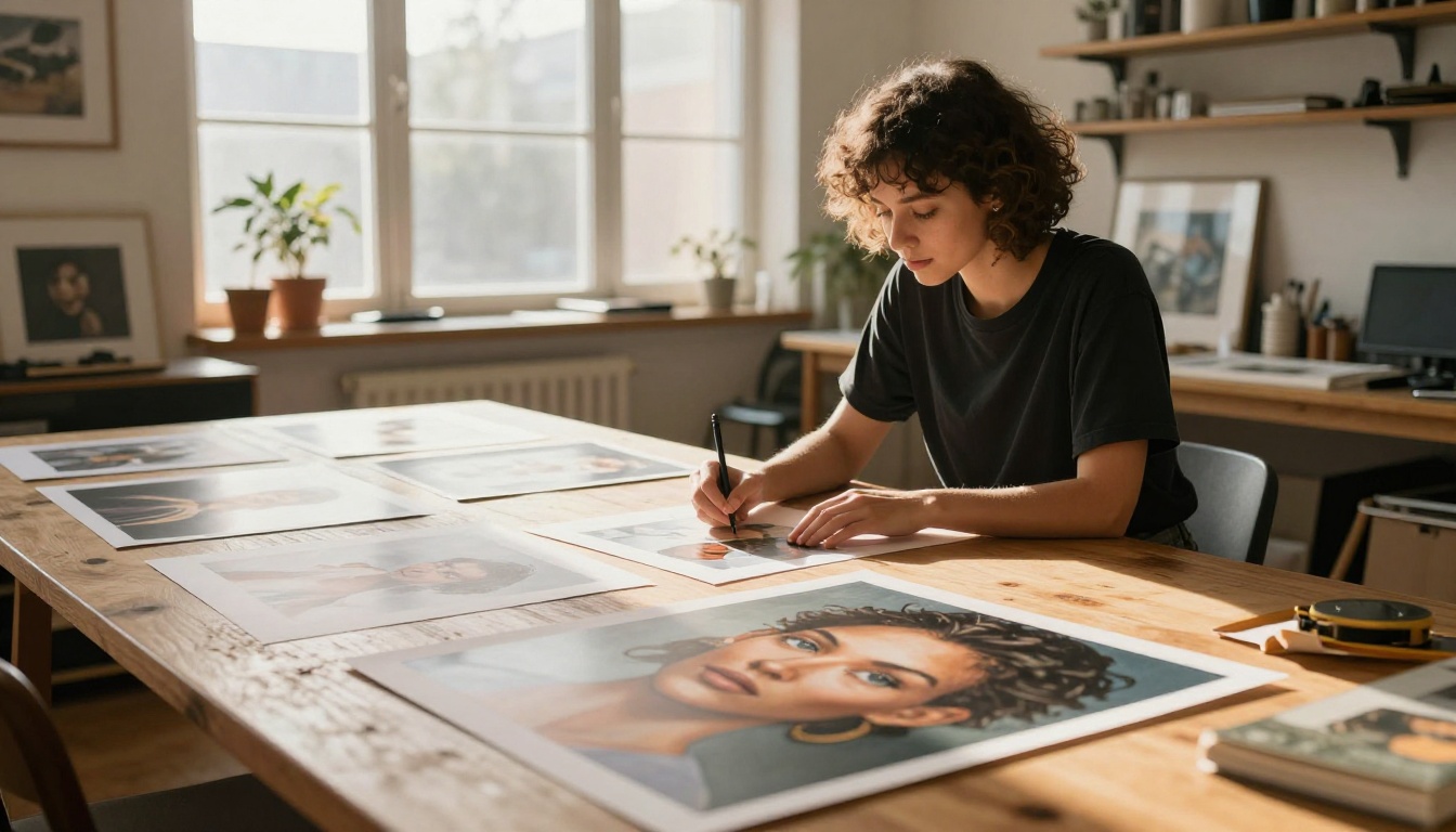 Creative professional reviewing AI-generated artwork on a wooden table