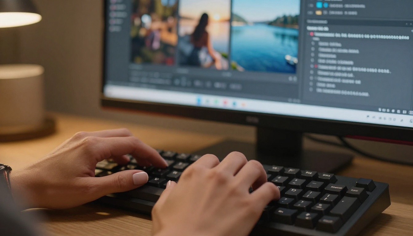 Hands typing on keyboard with AI generation interface visible on monitor