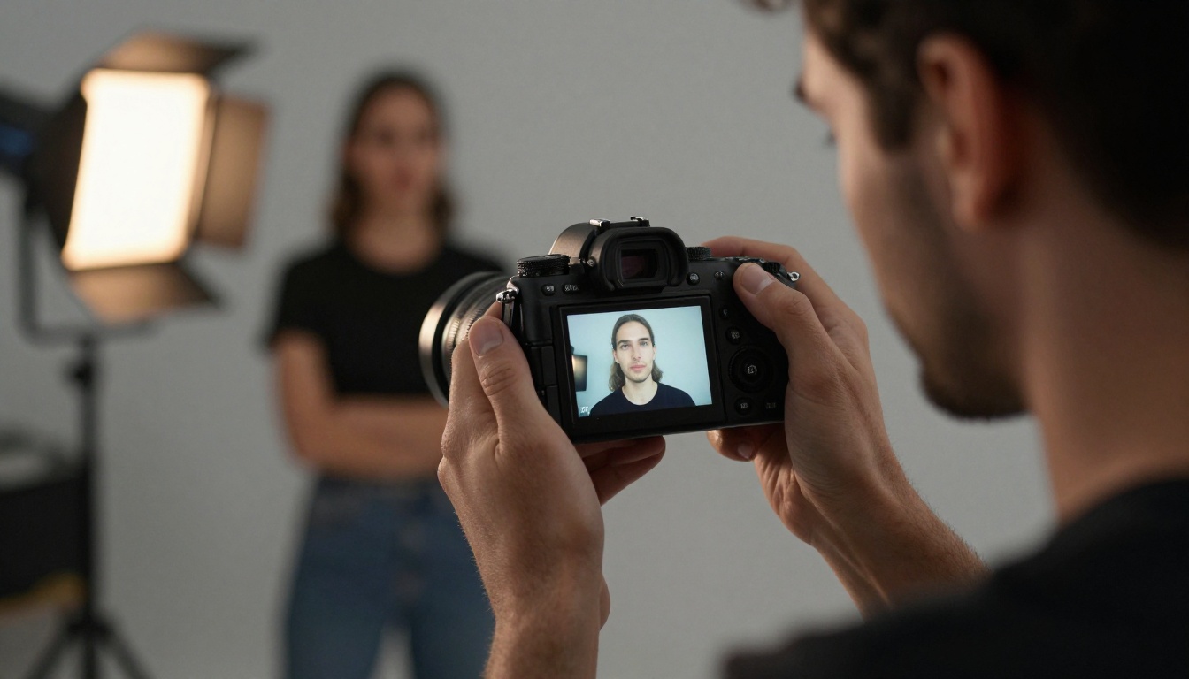 Photographer reviewing images on camera LCD backstage