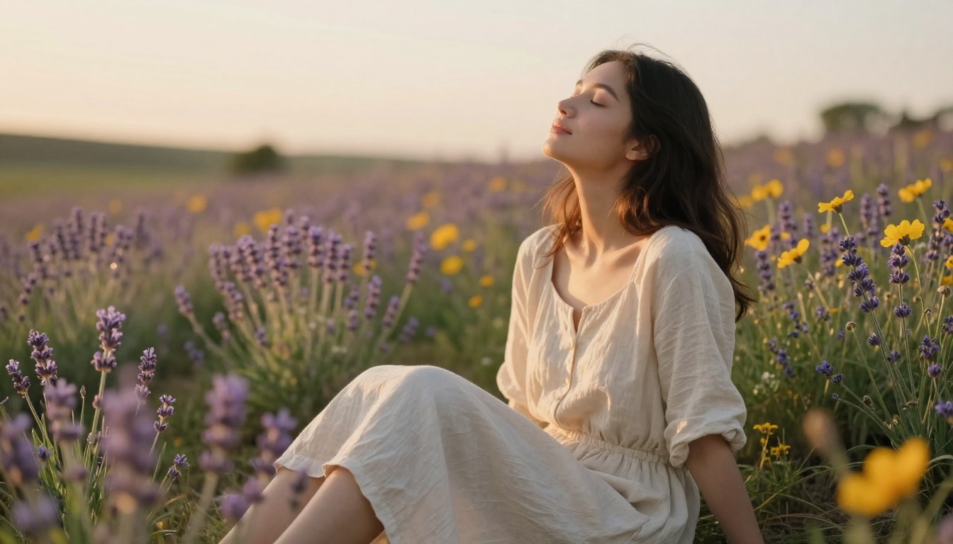 Young woman in wildflower meadow at golden hour