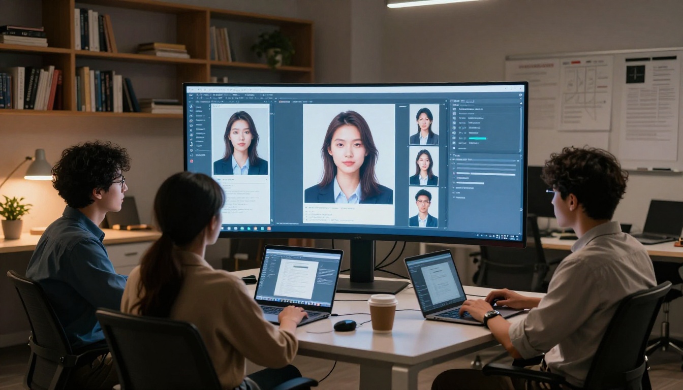 Team reviewing AI-generated images on large monitor in startup office at night