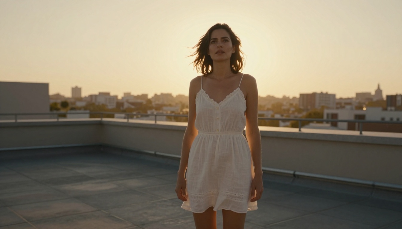 Low-angle shot of a woman in a white summer dress on a rooftop terrace at golden hour with city skyline bokeh behind her