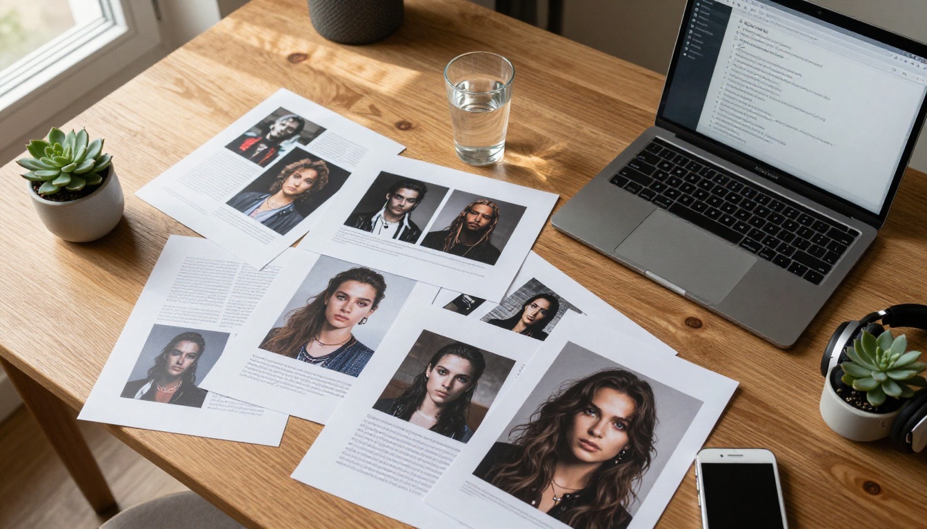 Creative workspace with AI-generated image samples spread across a desk with a laptop showing text-to-image interface