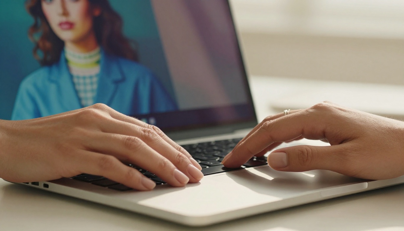 Close-up of female hands typing on a laptop keyboard with an AI-generated portrait visible on screen, warm afternoon side lighting