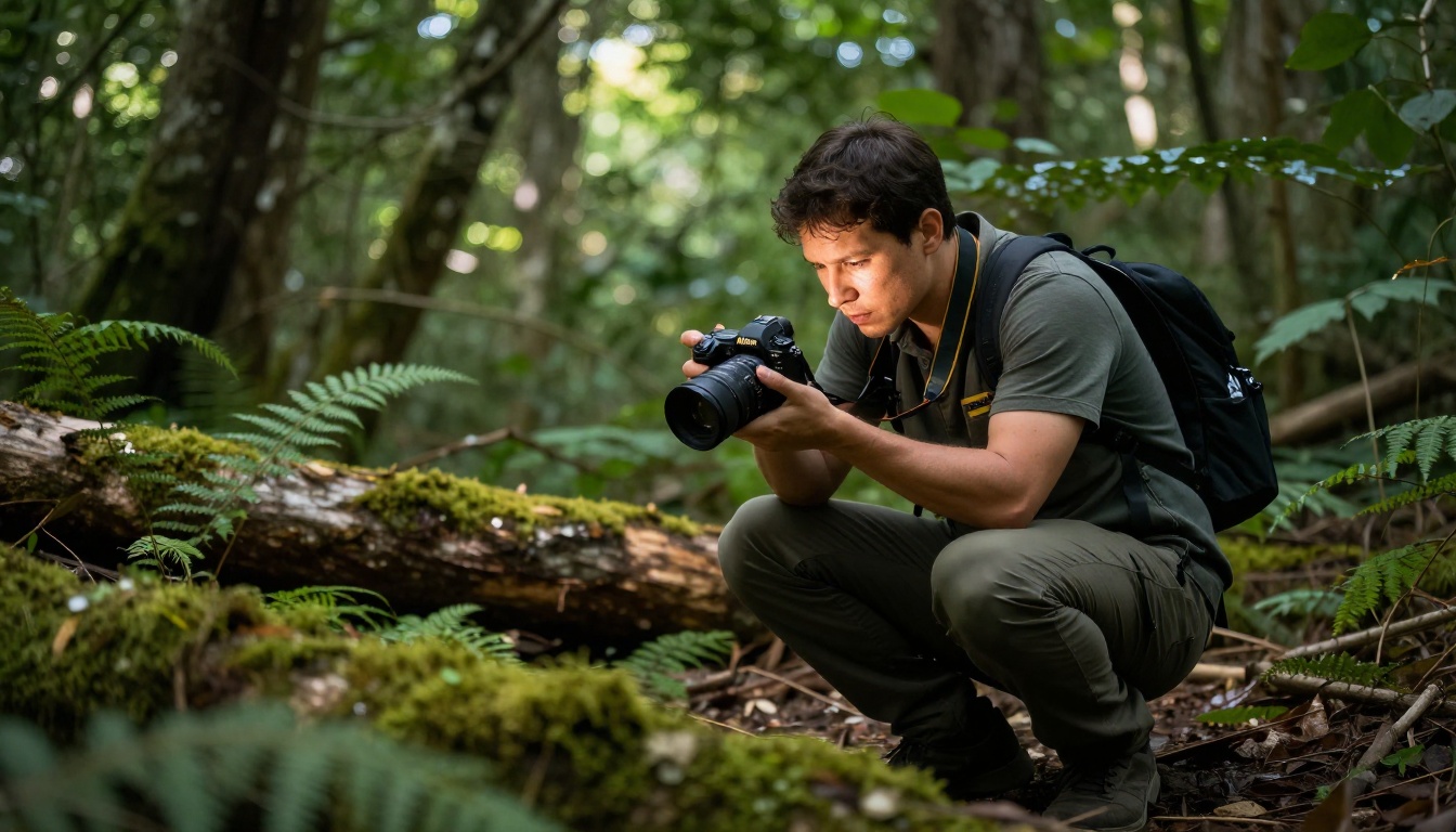 Wide documentary shot of a professional photographer reviewing camera images in a lush forest with dappled natural light and bokeh