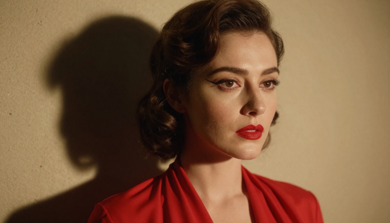 Glamour editorial close-up portrait with bold red lips and Rembrandt lighting against a warm textured plaster wall