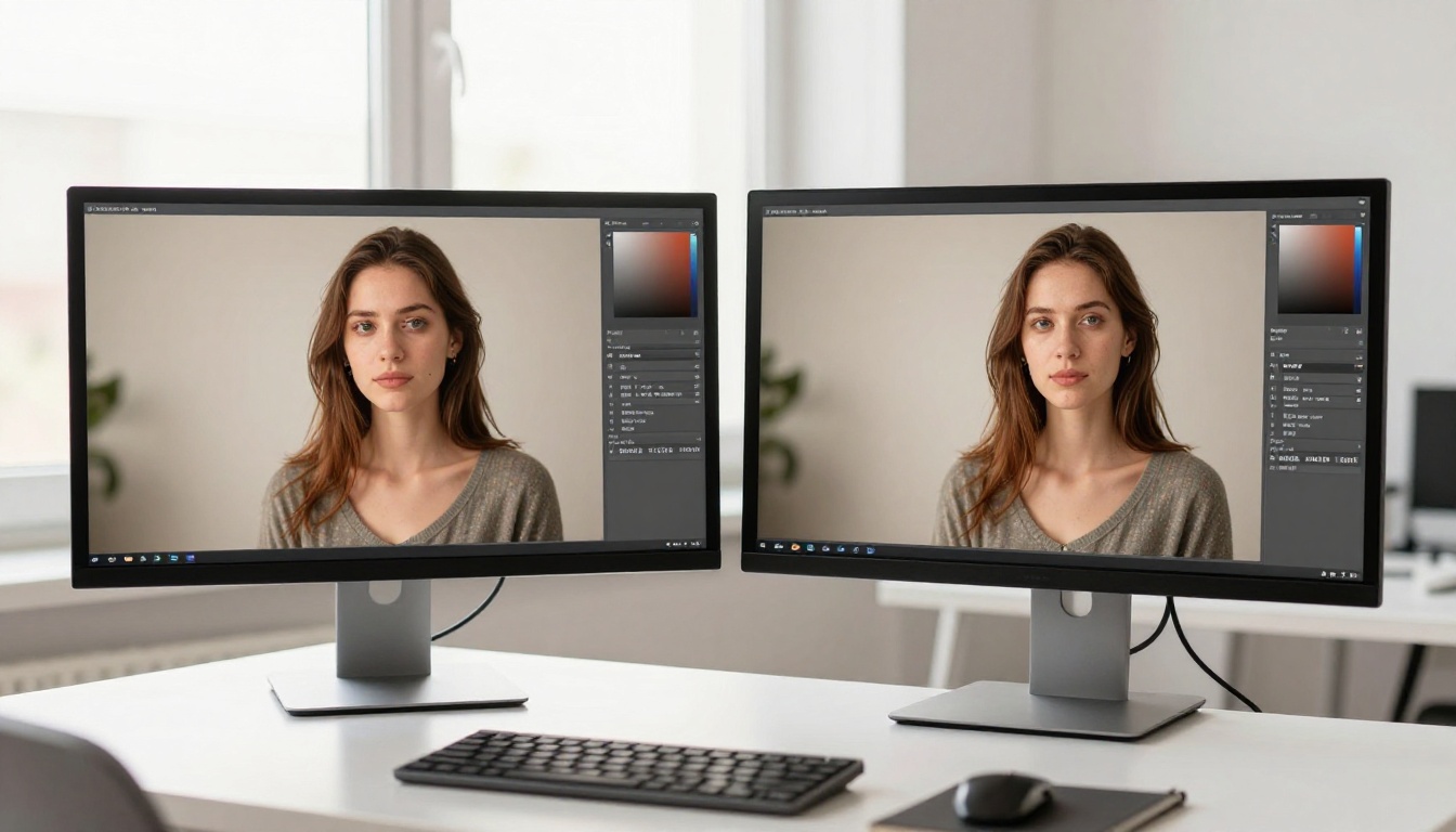 Side-by-side model output comparison on a large monitor in a minimalist office with natural window backlight and subtle screen glare