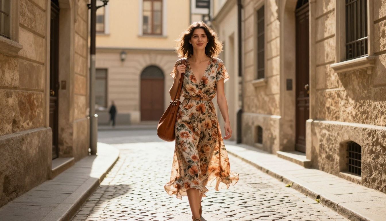 Candid street photography of a woman in a floral dress walking through a sunlit European cobblestone alley with warm stone reflections