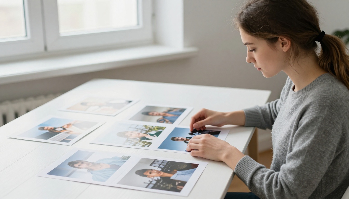 A woman seated at a minimalist desk comparing two photographic prints side by side in soft overcast daylight A woman seated at a minimalist desk comparing two photographic prints side by side in soft overcast daylight