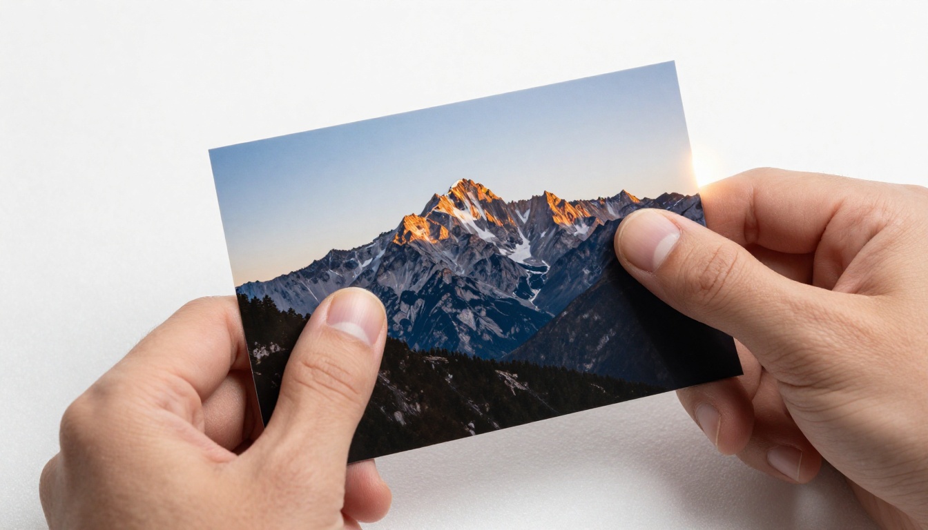 Close-up macro photograph of hands holding a fine-print 8x10 photograph against a white foam board, showing glossy print surface with studio softbox lighting from above