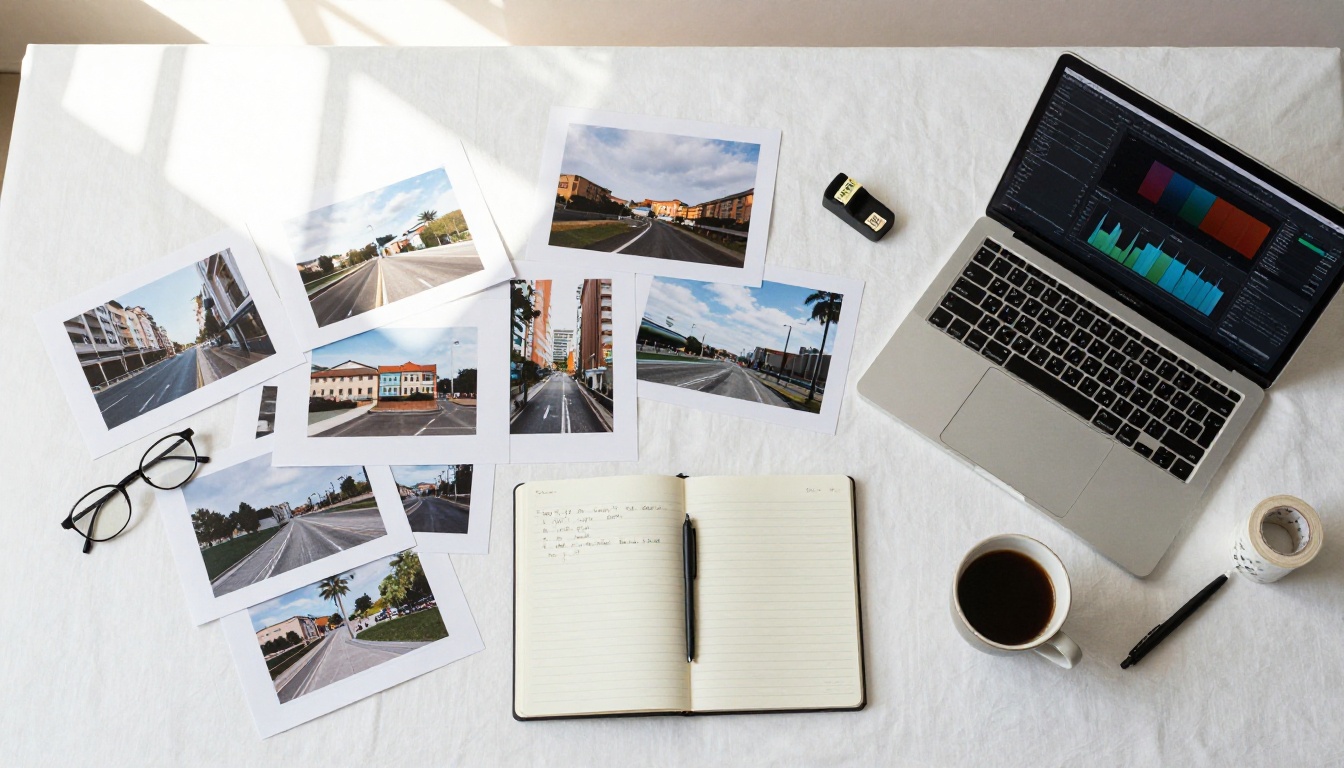 Aerial overhead flat-lay photograph of a creative desk with printed photos, a laptop showing image editing software, a notebook, and an espresso cup in natural daylight Aerial overhead flat-lay photograph of a creative desk with printed photos, a laptop showing image editing software, a notebook, and an espresso cup in natural daylight