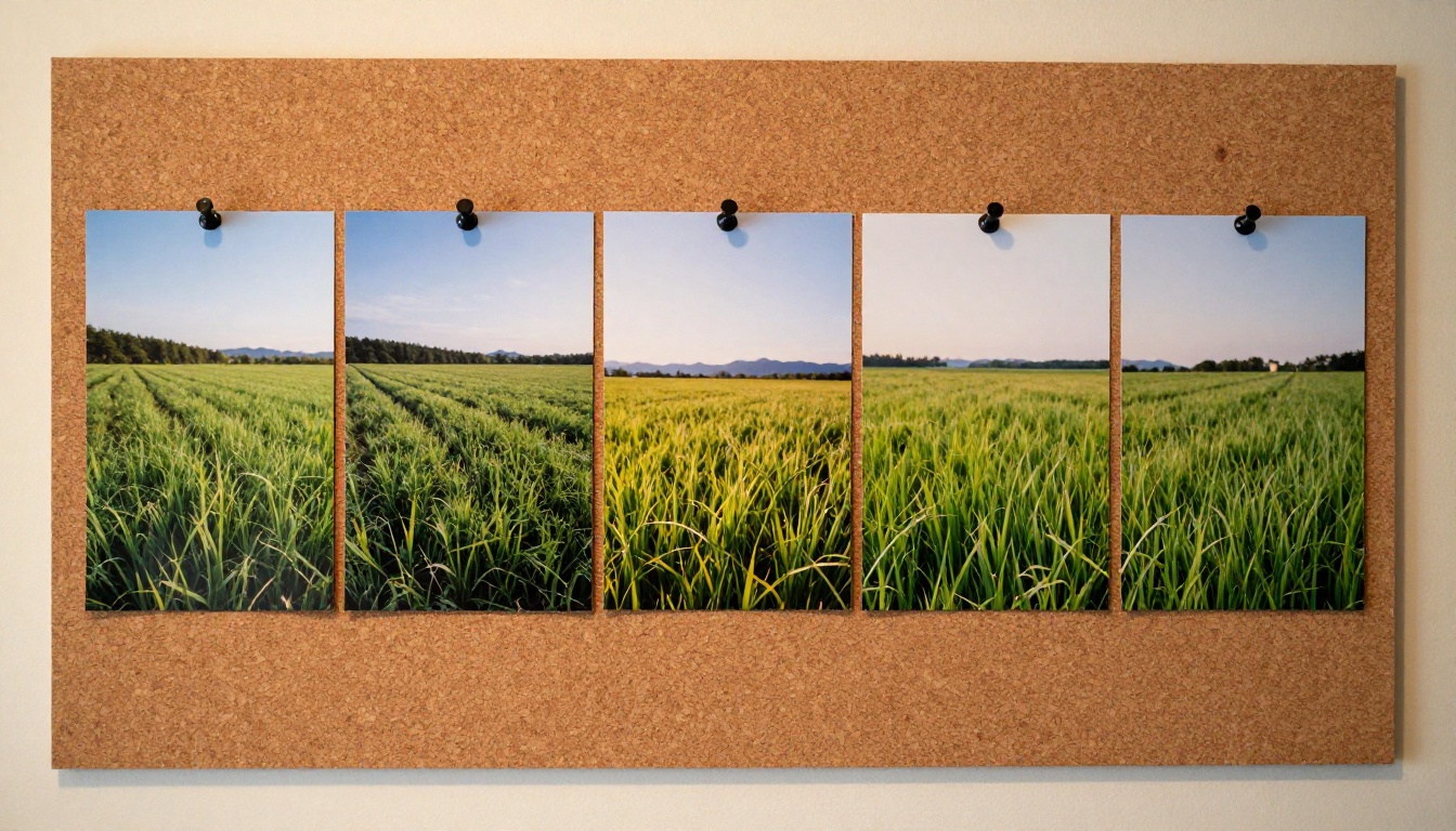 A row of five printed photographs on a cork bulletin board showing progressively sharper resolution from left to right, lit by warm tungsten light A row of five printed photographs on a cork bulletin board showing progressively sharper resolution from left to right, lit by warm tungsten light