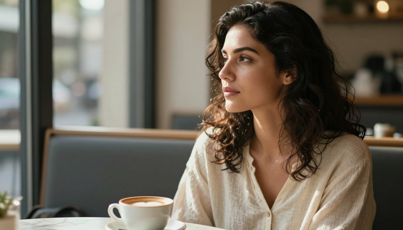 A photorealistic portrait of a woman with olive skin and dark wavy hair seated in a sunlit cafe window booth, morning light catching her skin texture and hair strands